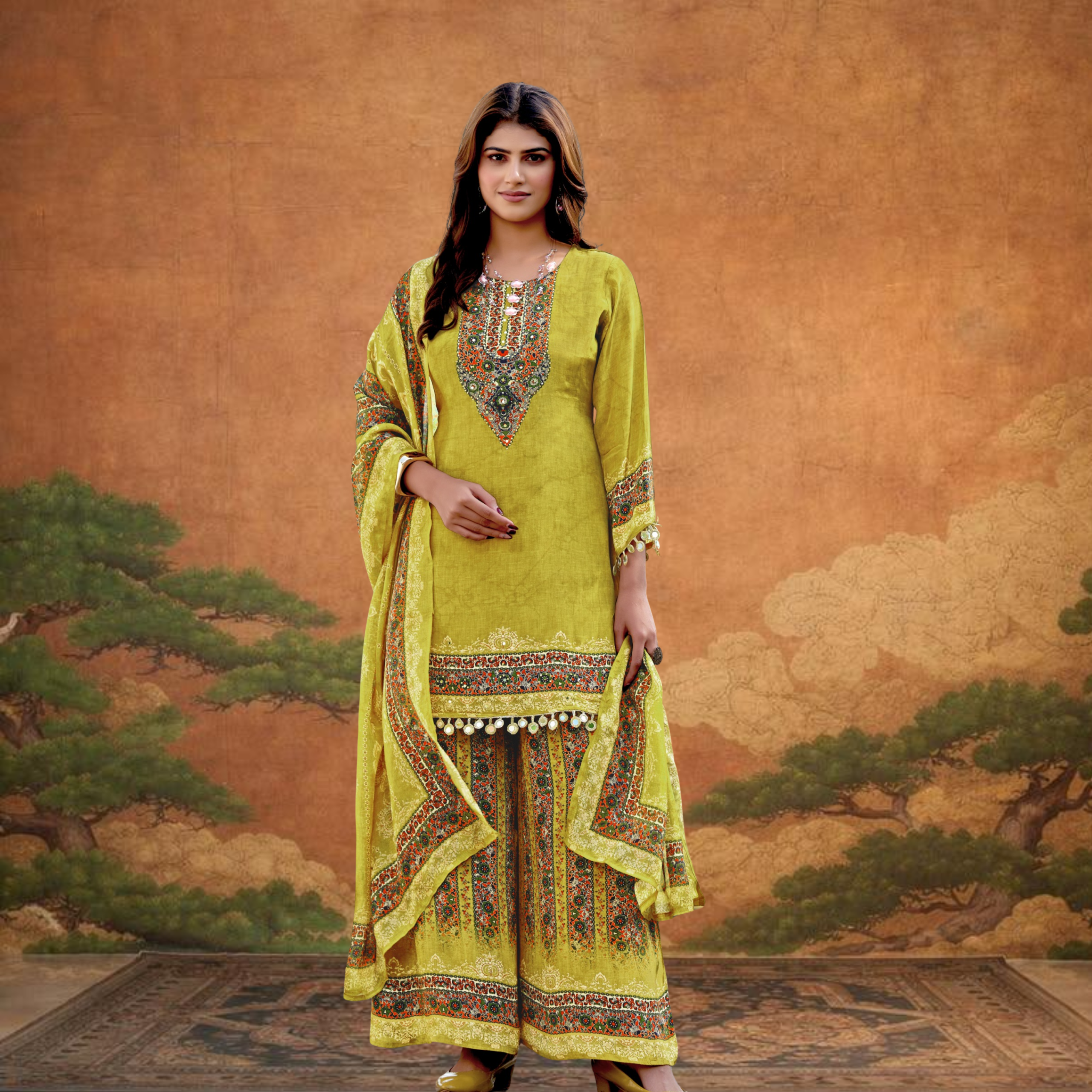 Mustard Yellow Silk Palazzo Pair – Embroidered Kurta Set with Flared Bottoms
