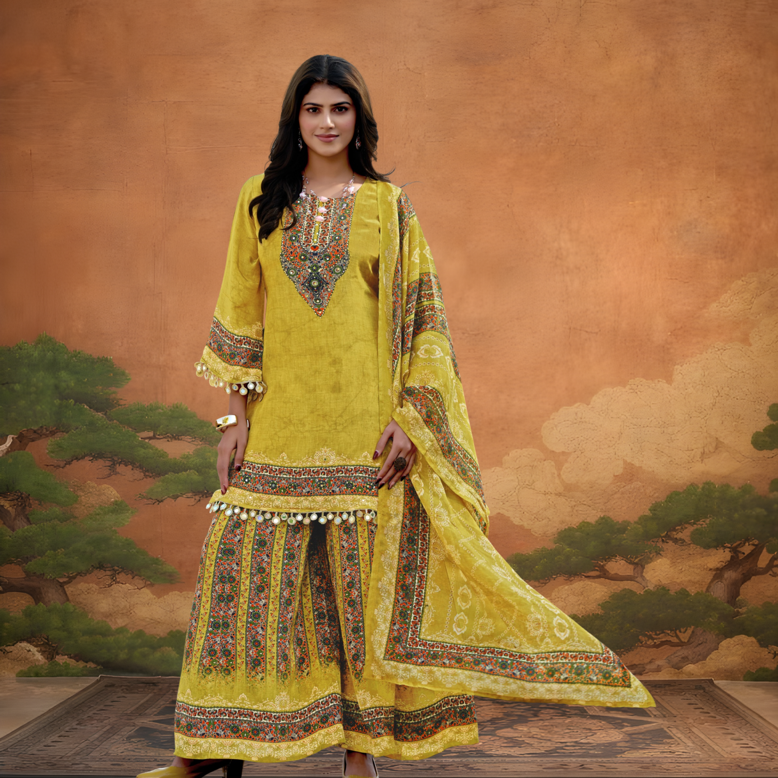 Mustard Yellow Silk Palazzo Pair – Embroidered Kurta Set with Flared Bottoms - Image 2