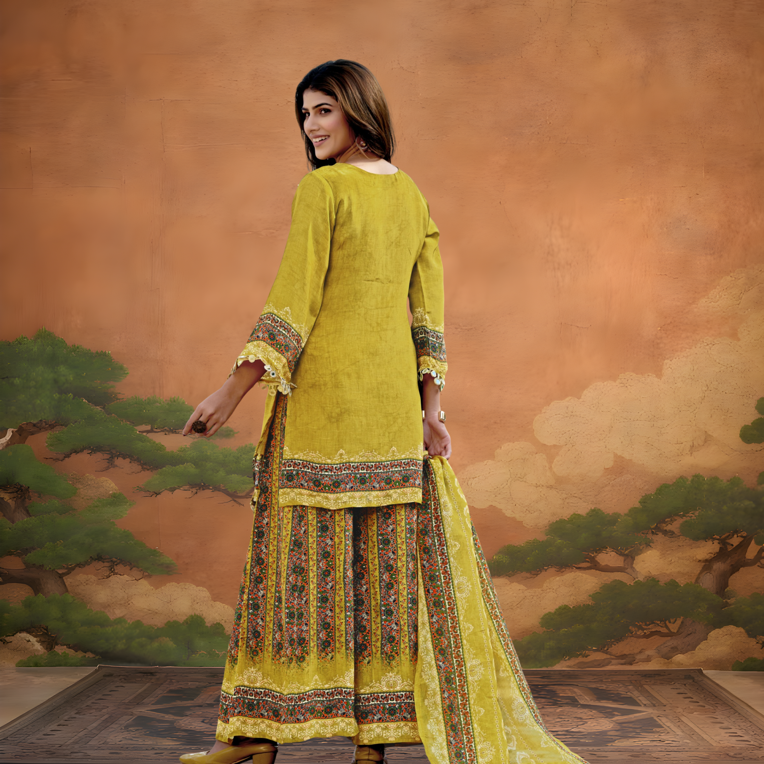 Mustard Yellow Silk Palazzo Pair – Embroidered Kurta Set with Flared Bottoms - Image 3