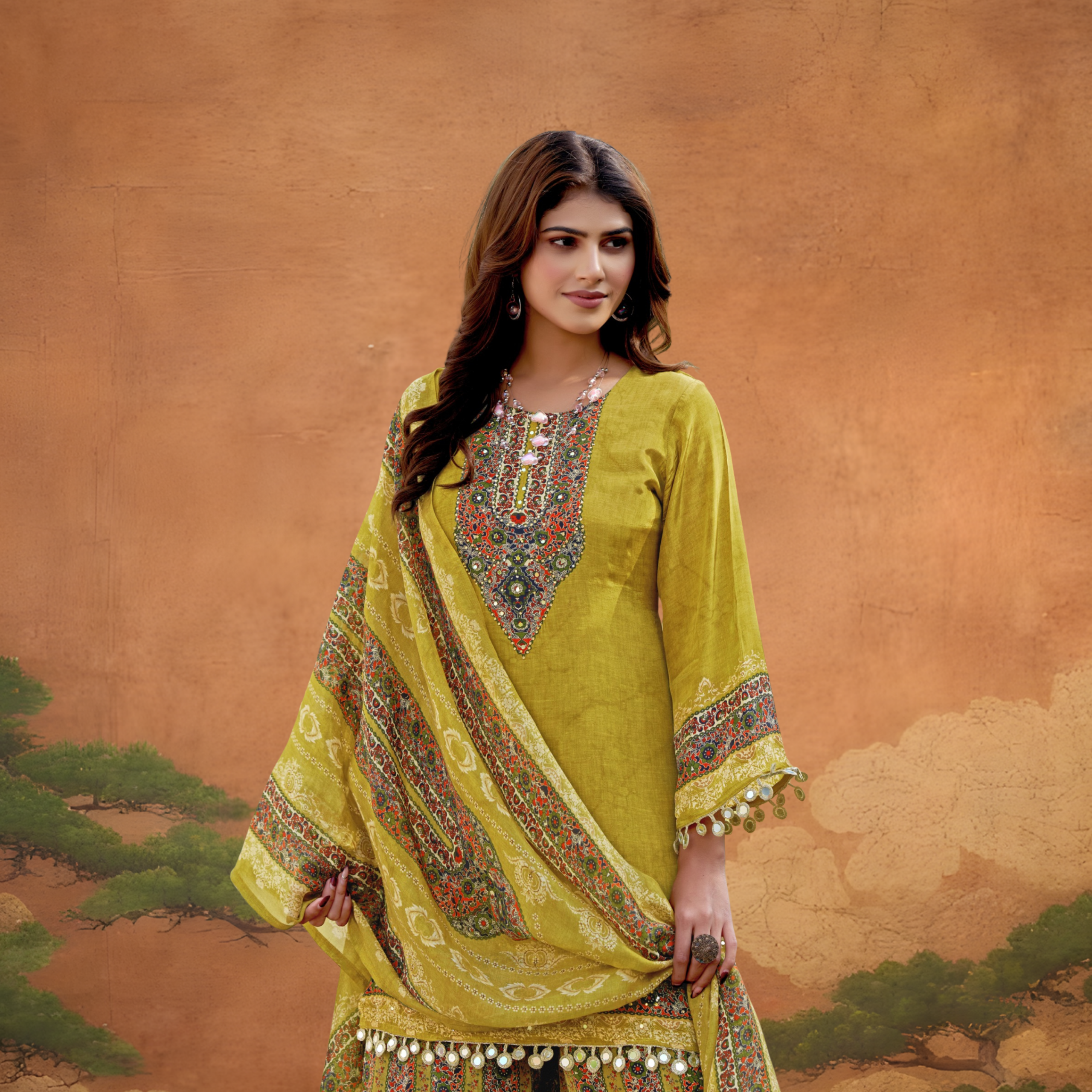 Mustard Yellow Silk Palazzo Pair – Embroidered Kurta Set with Flared Bottoms - Image 4