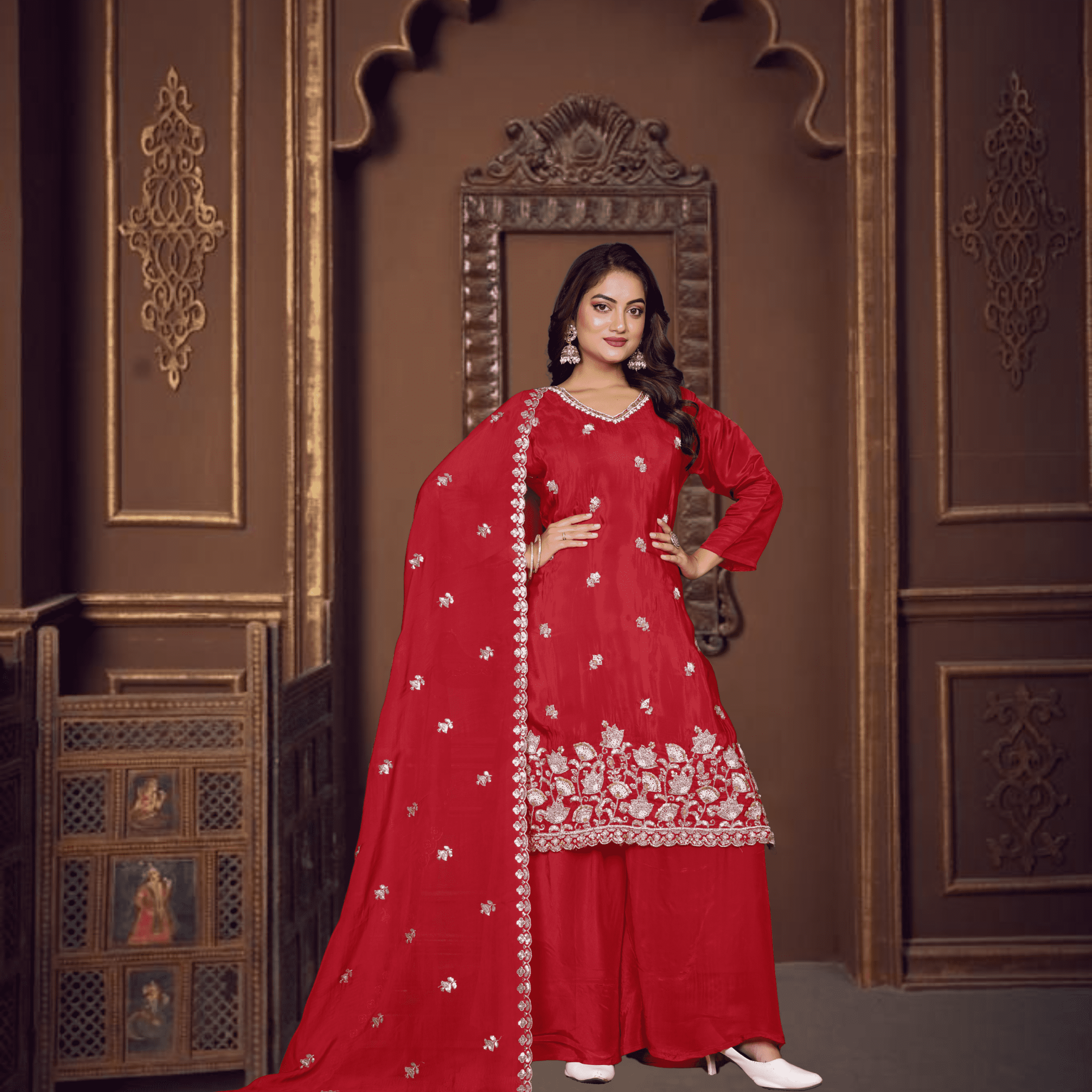 Ruby Red Silk 3-Piece Plazzo Set – Traditional Festive Wear with Floral Hem