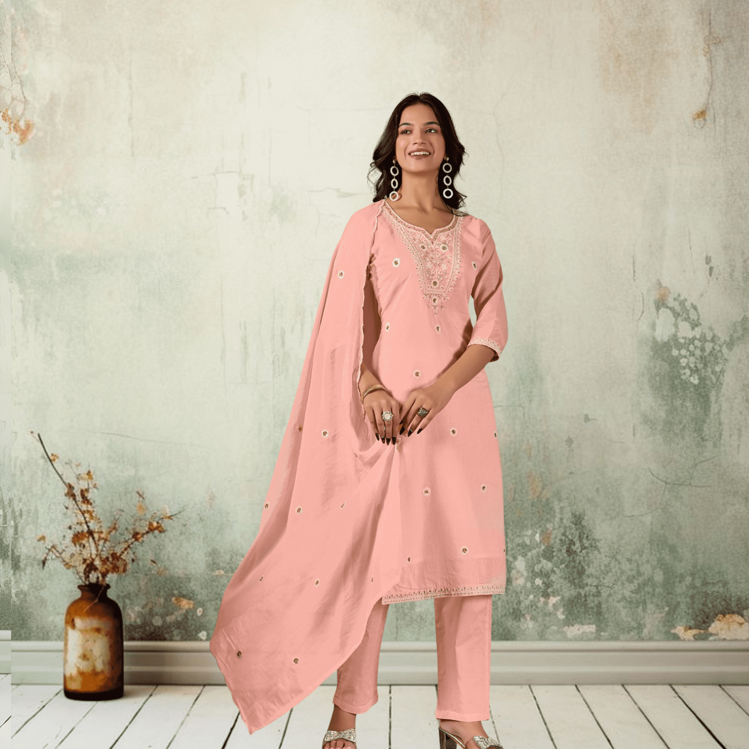 Peach Cotton Ethnic Suit with V-Shaped Yoke Embroidery & Trousers
