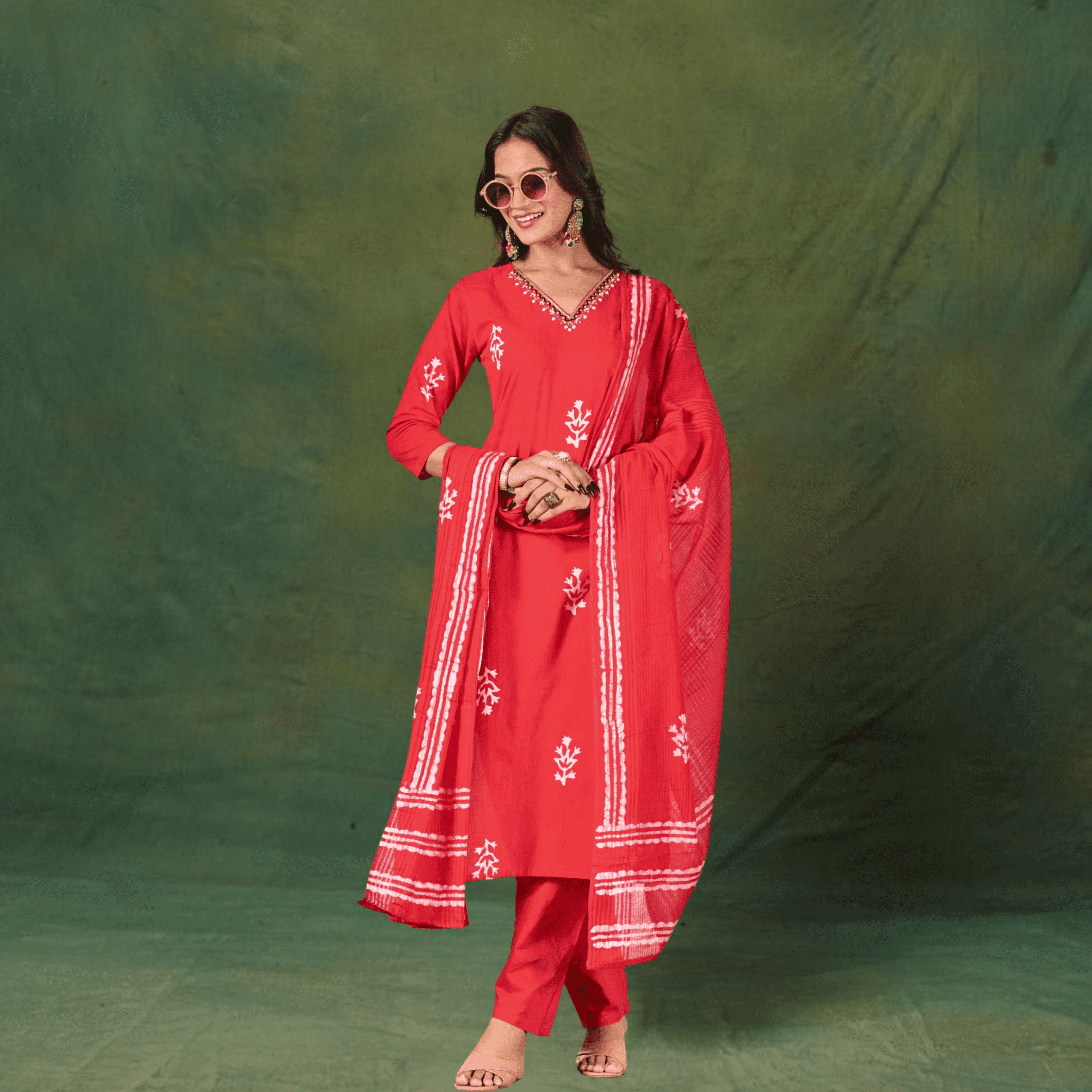Pure Cotton Ruby Red Batik Print Suit Set with V-Neck Embroidery