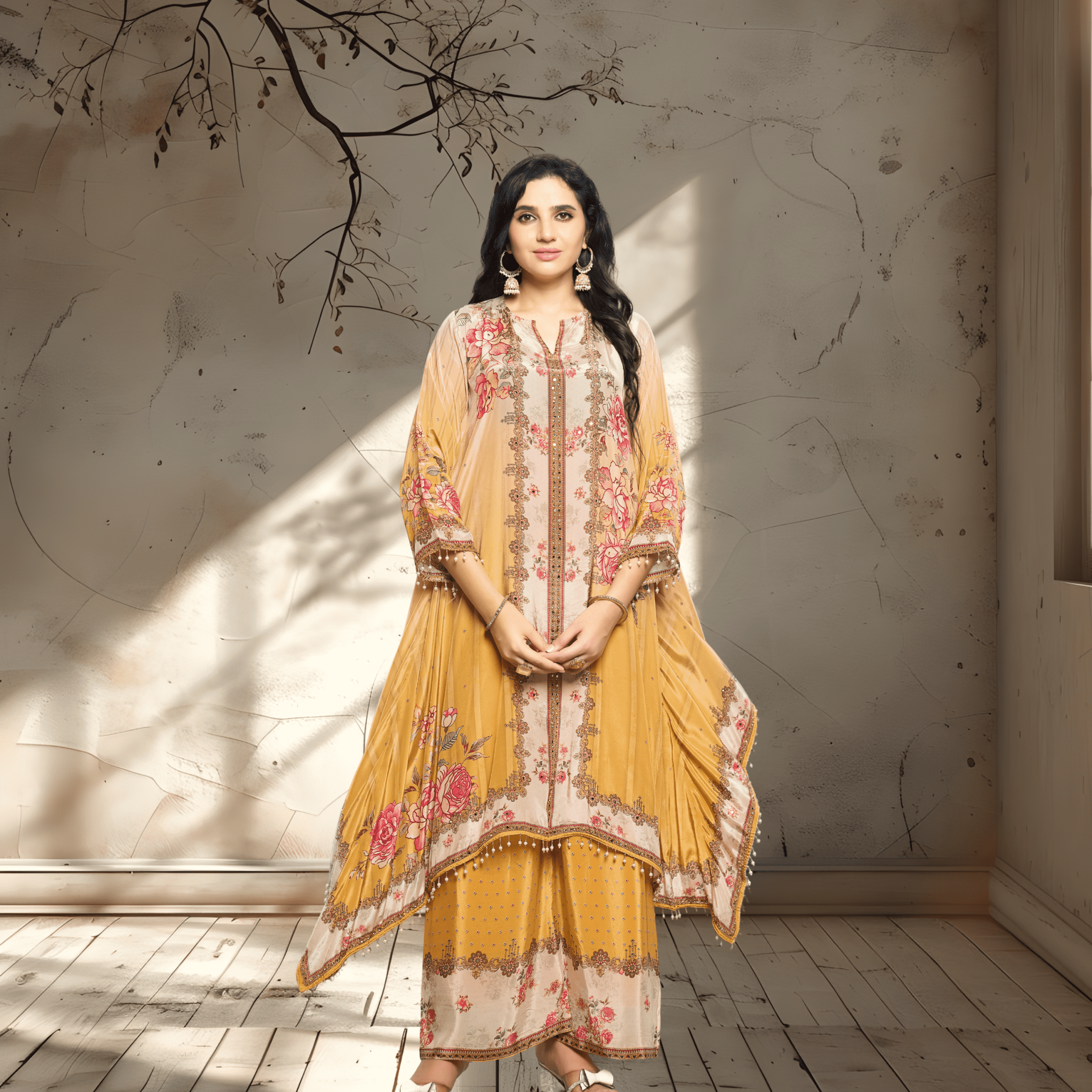 Mustard Floral Silk Kaftan Set with Handkerchief Hem and Palazzos – 2-Piece Ethnic Wear